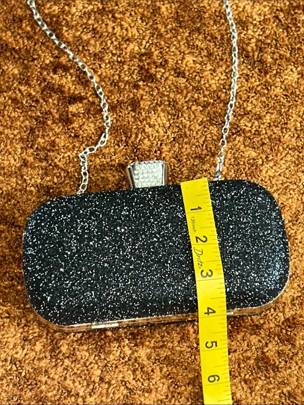 Black Glitter Rhinestone Evening Clutch with Silver Chain